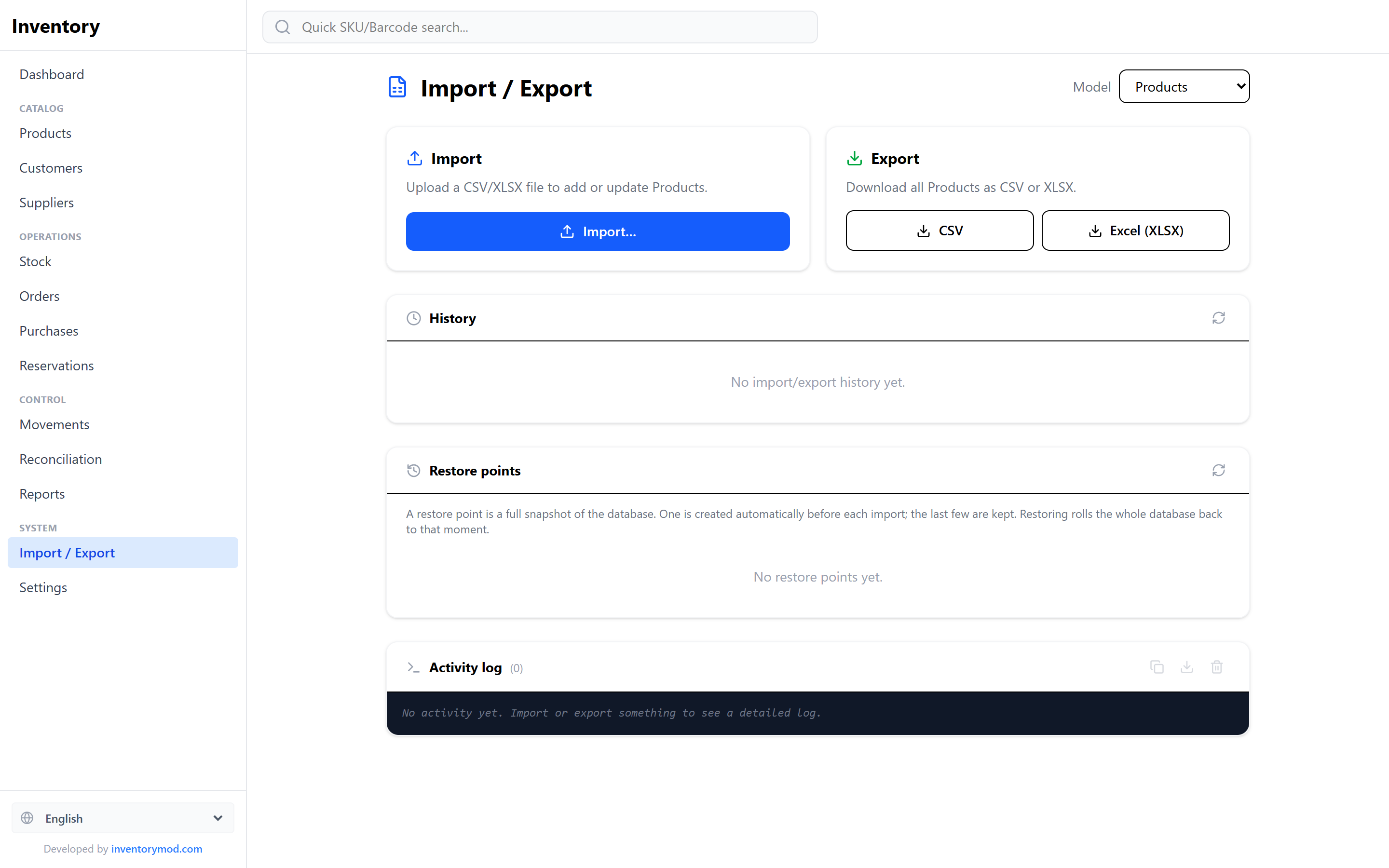 InventoryMod import and export page with model selector, CSV/XLSX import and export cards, history, restore points and activity log