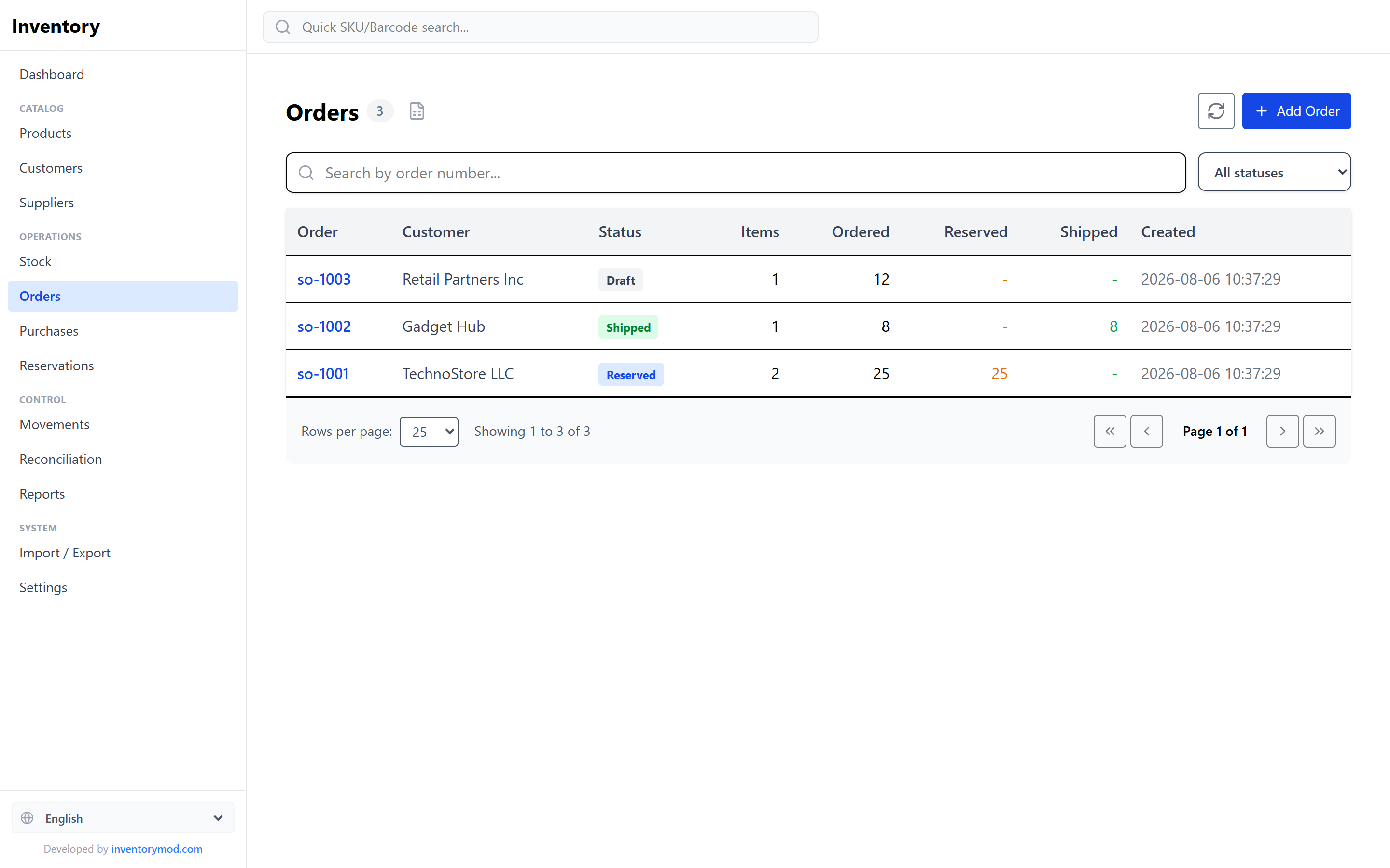 InventoryMod customer orders list showing order number, customer, status (Draft, Reserved, Shipped) and ordered, reserved and shipped quantities