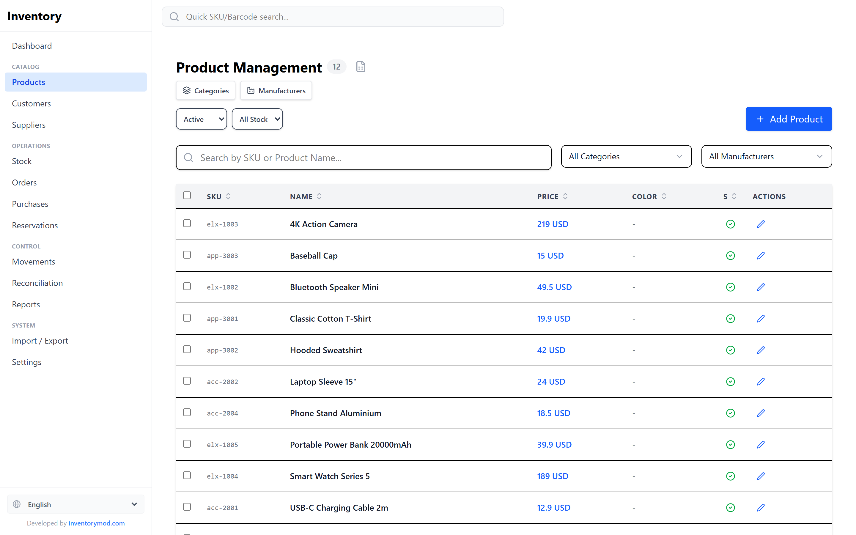 InventoryMod product management page listing products with SKU, name, price and status, plus category and manufacturer filters