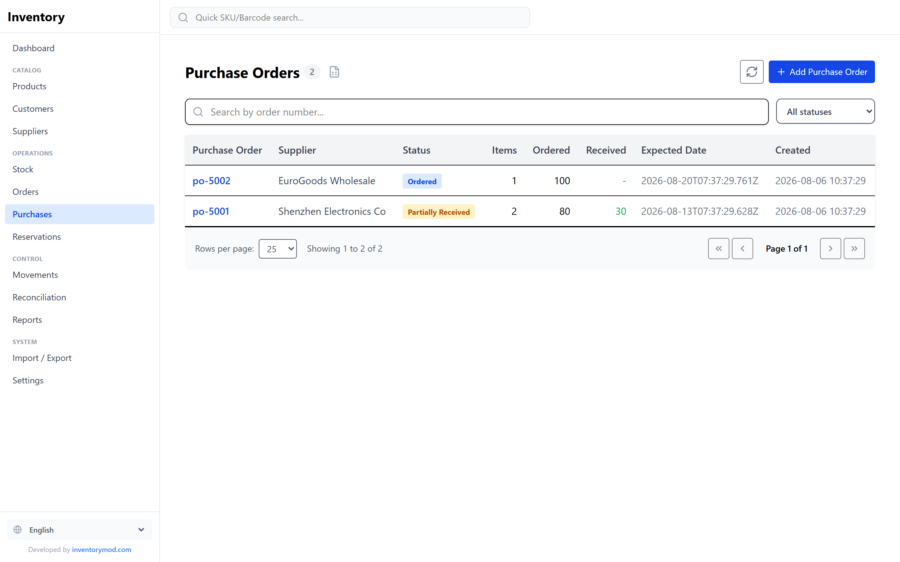 InventoryMod purchase orders list with supplier, Ordered and Partially Received statuses, ordered and received quantities and expected date