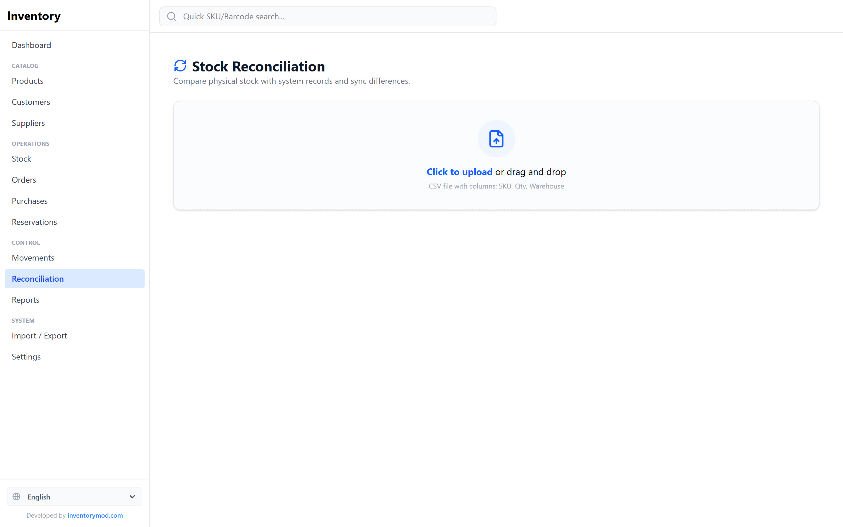 InventoryMod stock reconciliation page with a drag-and-drop CSV upload area for comparing a physical count against system records