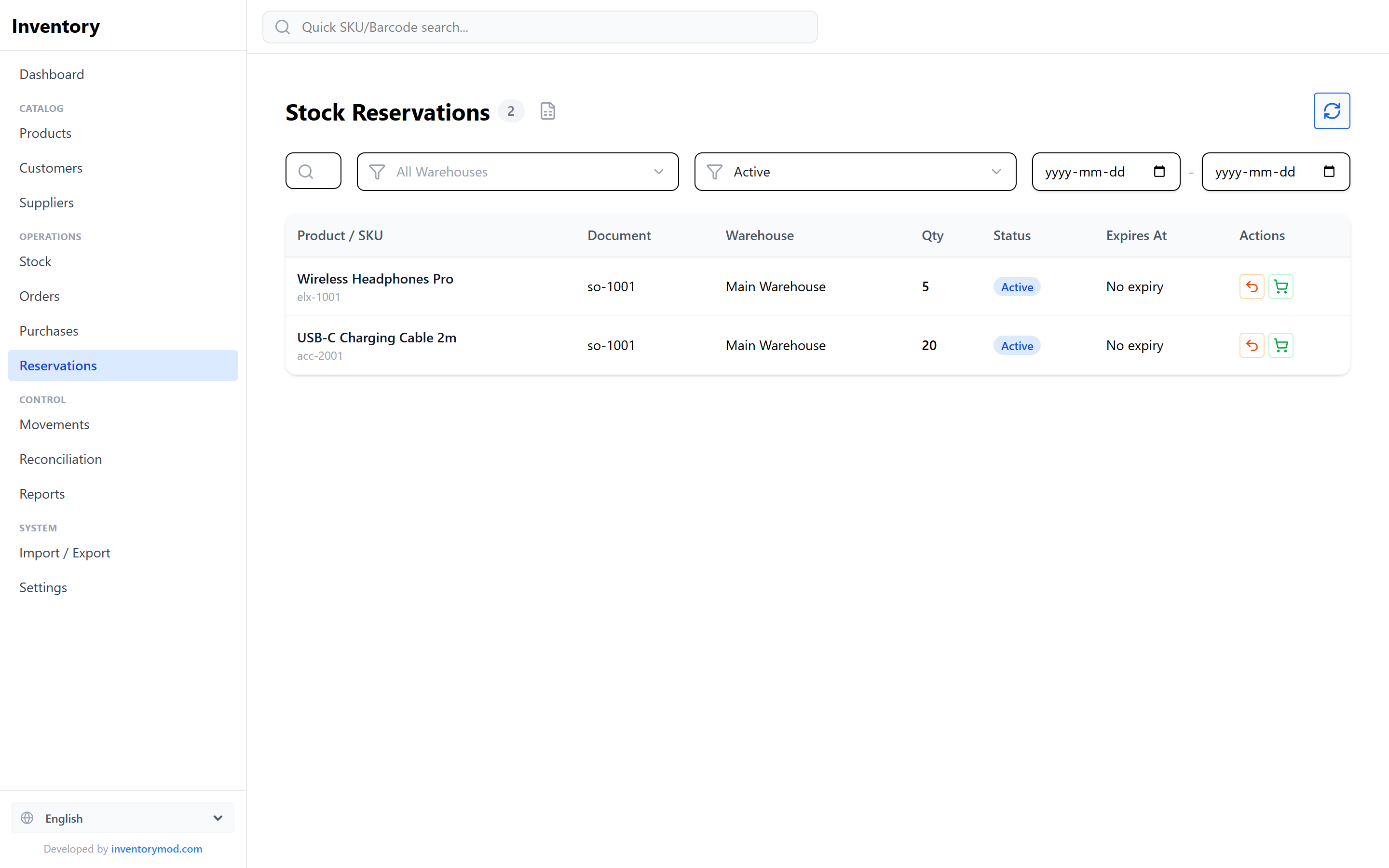 InventoryMod reservations page listing active stock holds linked to orders with quantity, status and release or consume actions