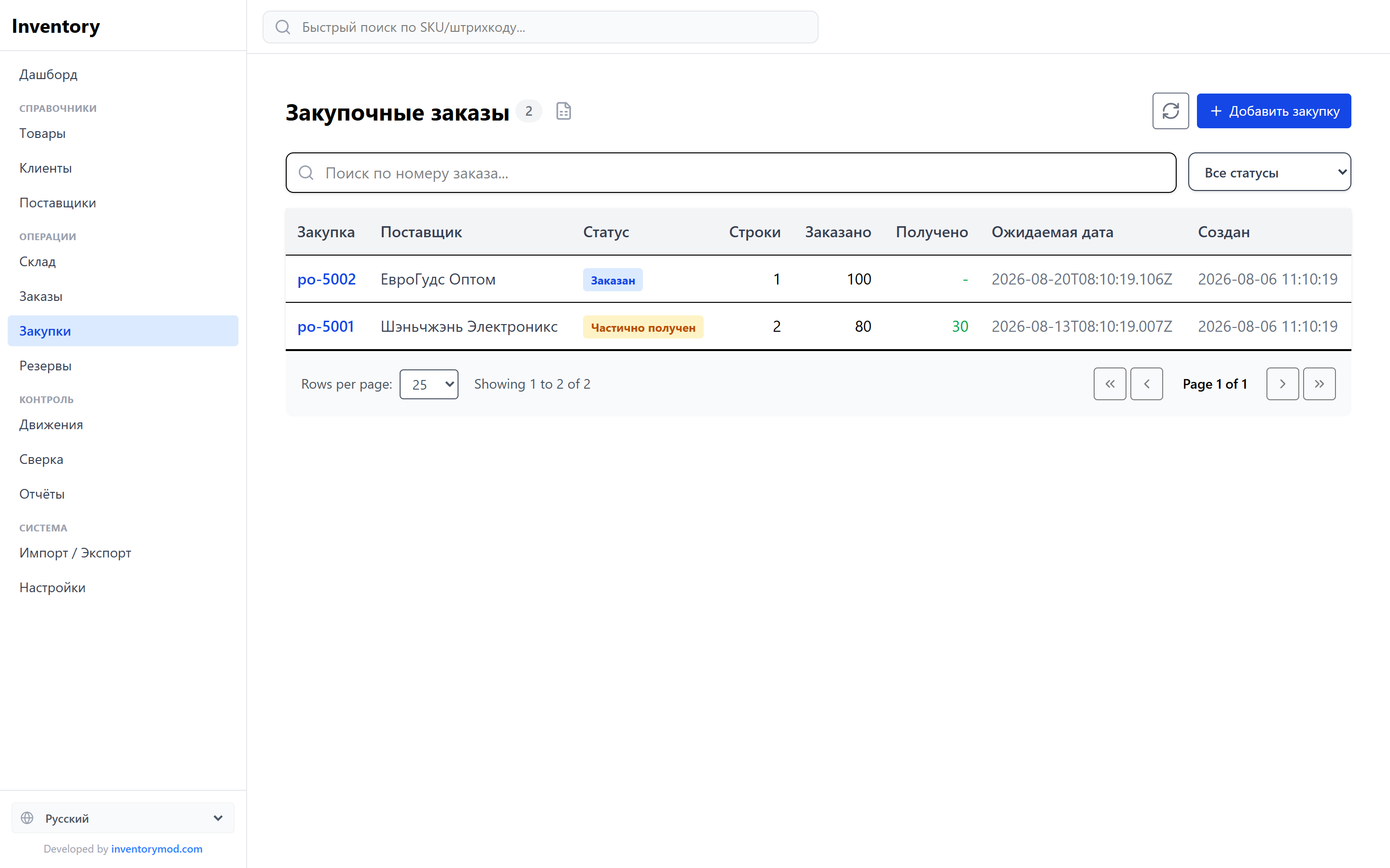 Список закупок InventoryMod с поставщиком, статусами &laquo;Заказано&raquo; и &laquo;Частично получено&raquo;, заказанным и полученным количеством и ожидаемой датой