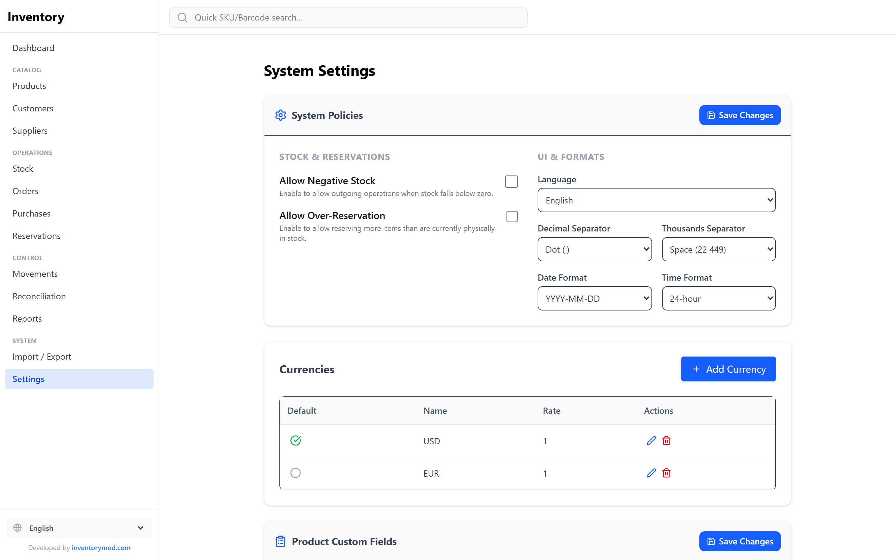 InventoryMod system settings page with stock policies, UI and format options, currencies and product custom fields