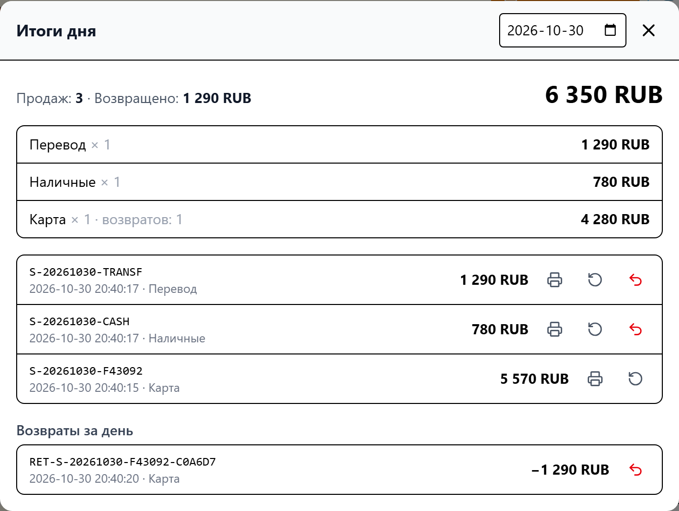 Итоги дня: сумма, разбивка по способам оплаты, список продаж и возвратов
