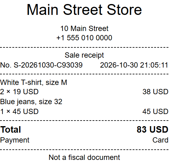 Sample sale receipt with products, total and payment method