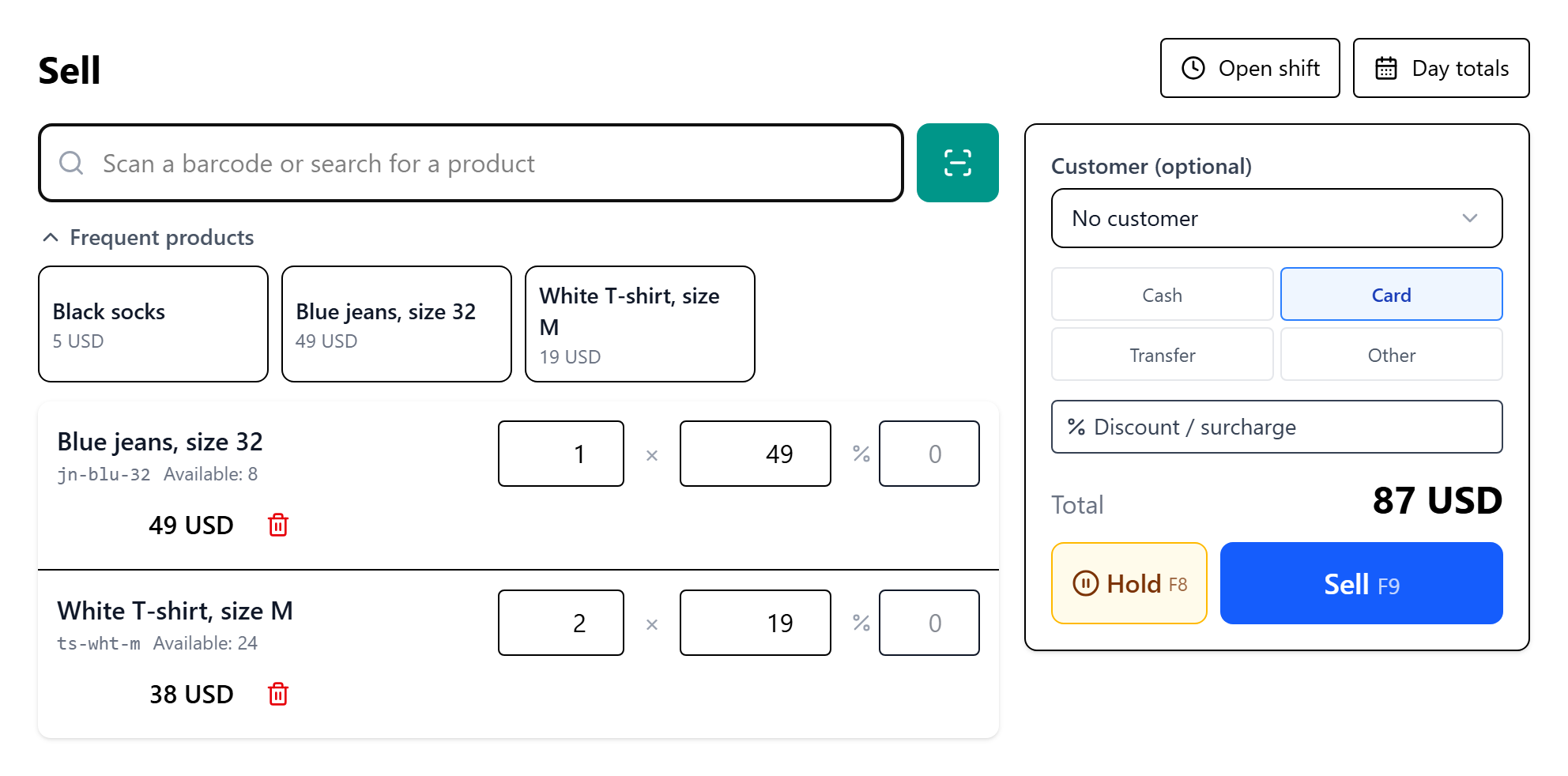 Sell screen: products in the cart, payment method, total and the Sell button