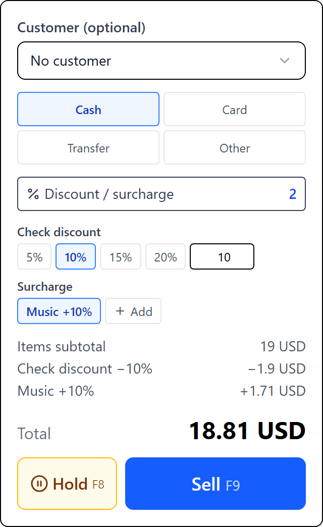 Sale panel: 10% check discount, Music +10% surcharge, items subtotal and total
