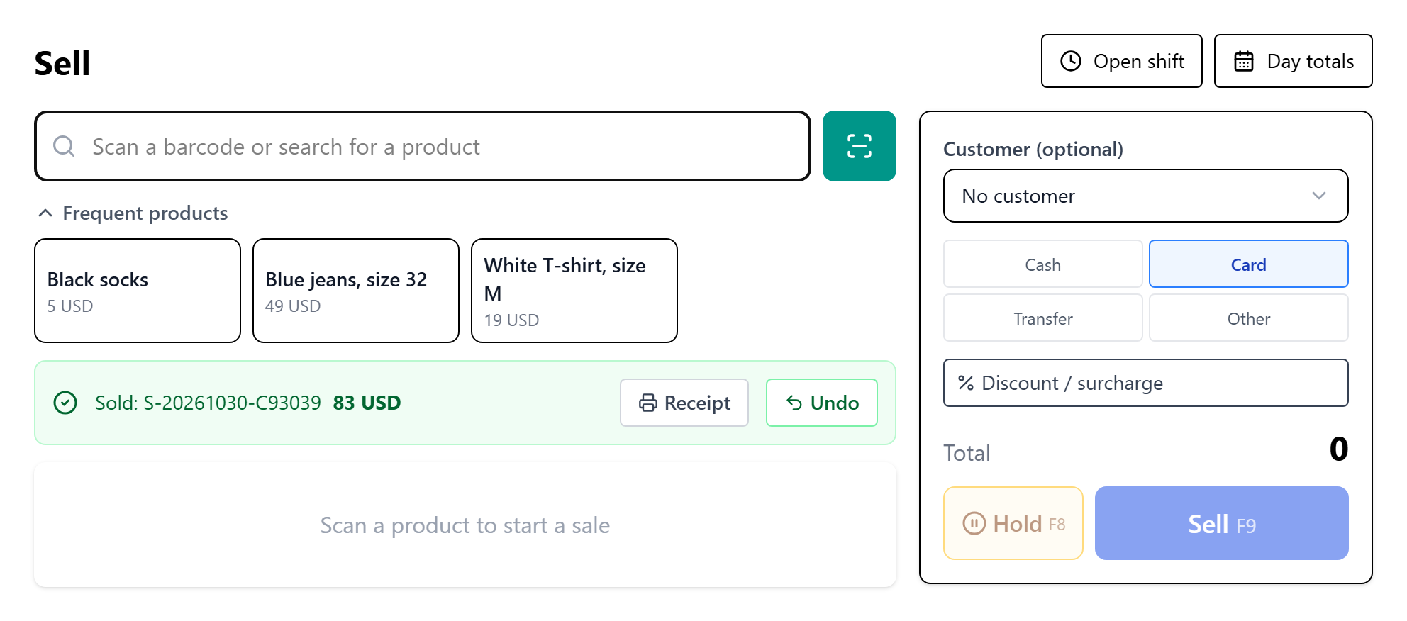Sale confirmation with Receipt and Undo buttons