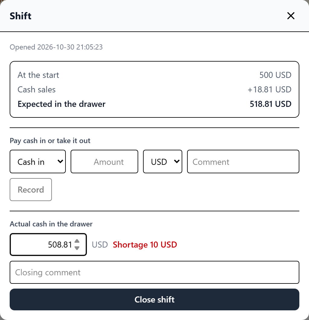 Shift window: opening cash, cash sales, expected amount and a shortage