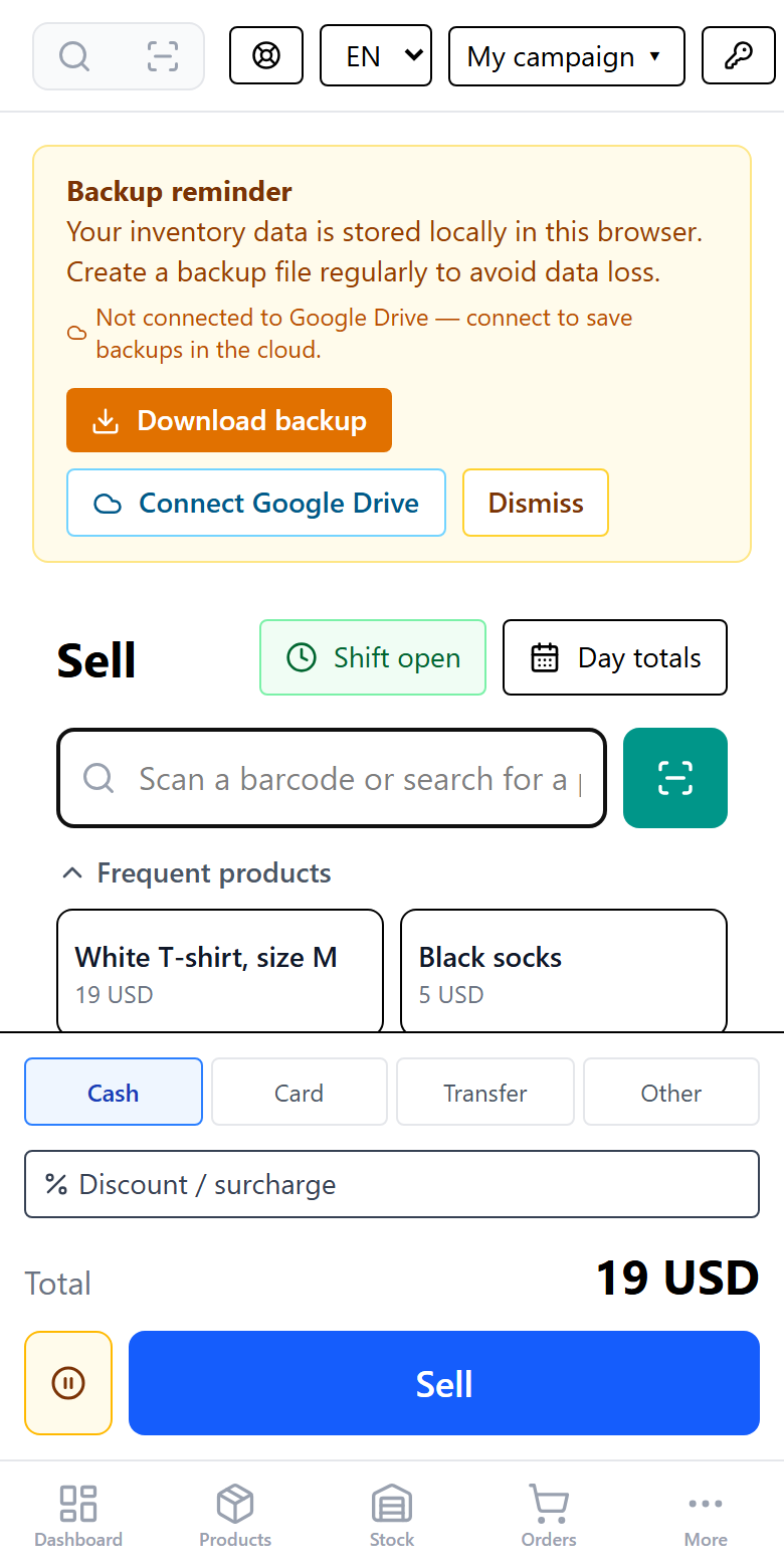 Sell screen on a phone: a product in the cart and the Sell button