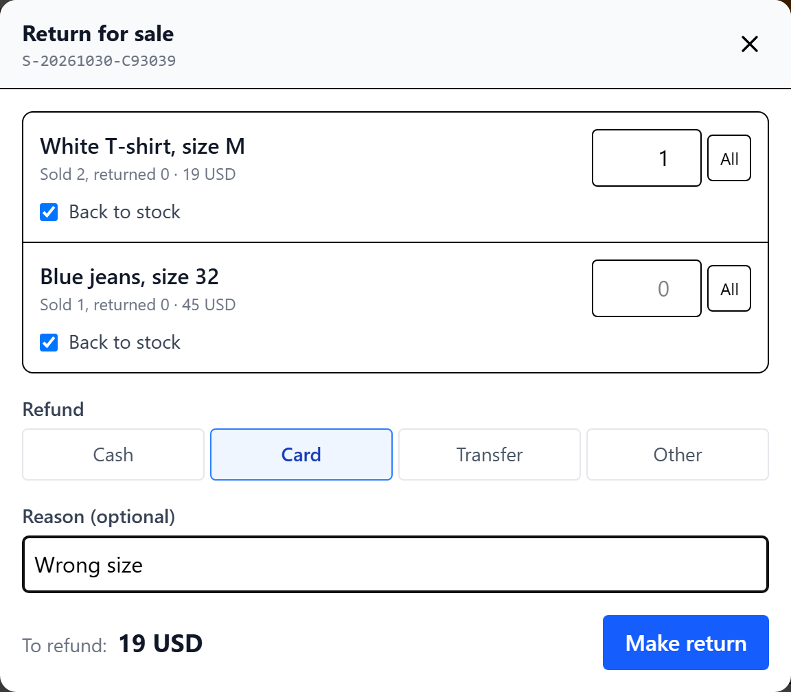 Return window: quantity, back to stock, refund method and reason